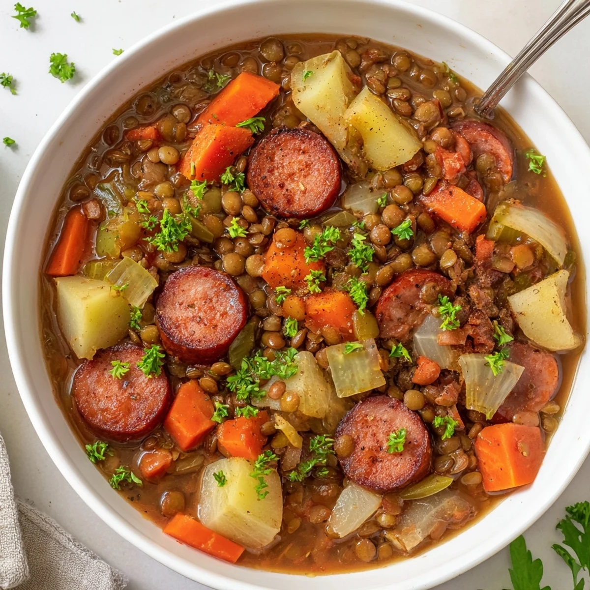 Linseneintopf mit geräucherter Wurst