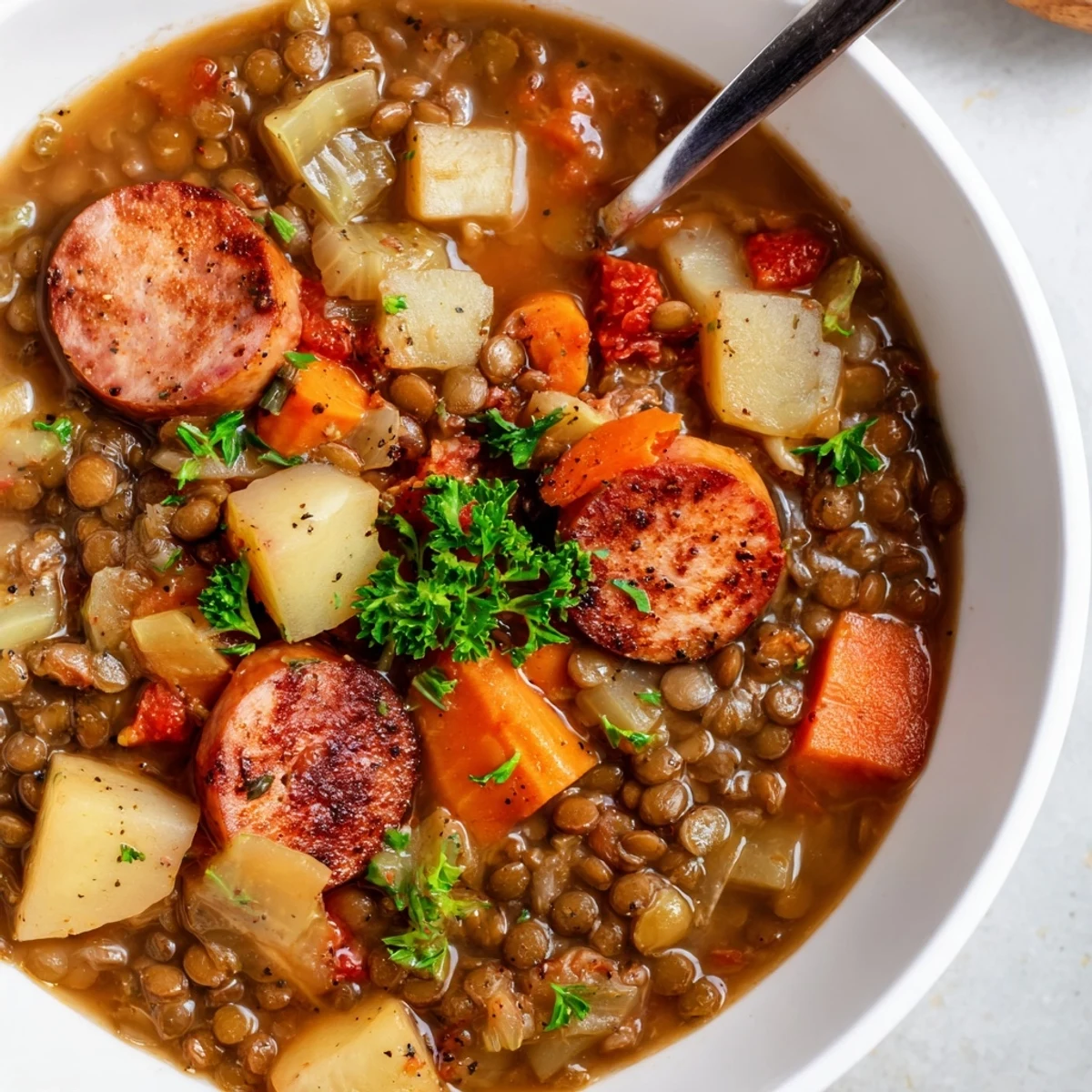 Einfache Linseneintopf-Rezept mit geräucherter Wurst, serviert mit frischer Petersilie.  