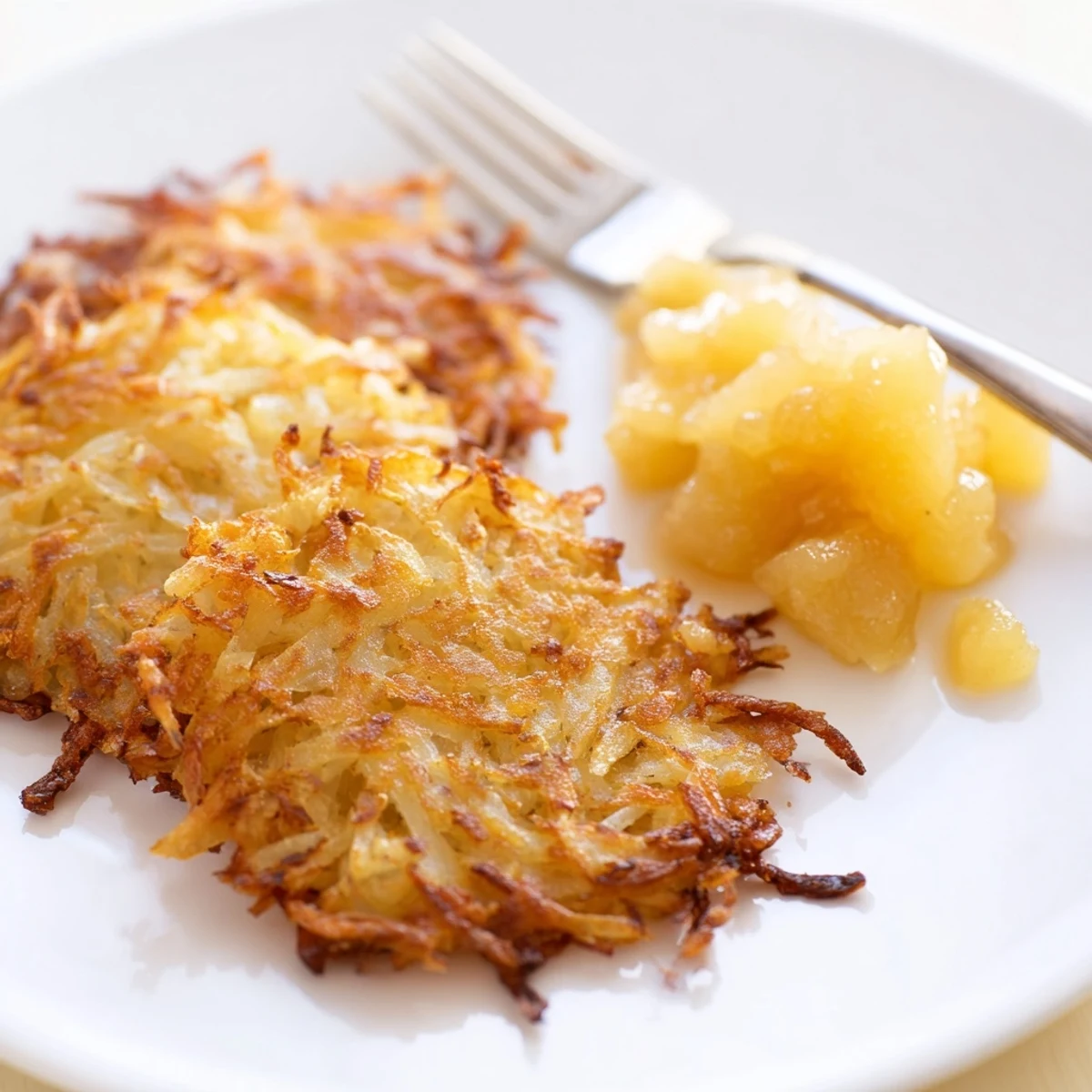 Zarte Kartoffelpuffer, perfekt serviert mit aromatischer Apfelsoße als Begleitung.