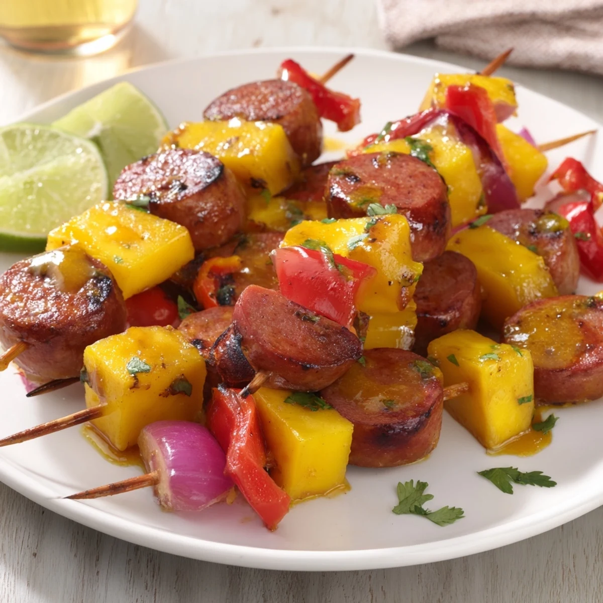 Saftige Würstchen mit süßem Mango und knusprigem Paprika auf gegrillten Spießen.