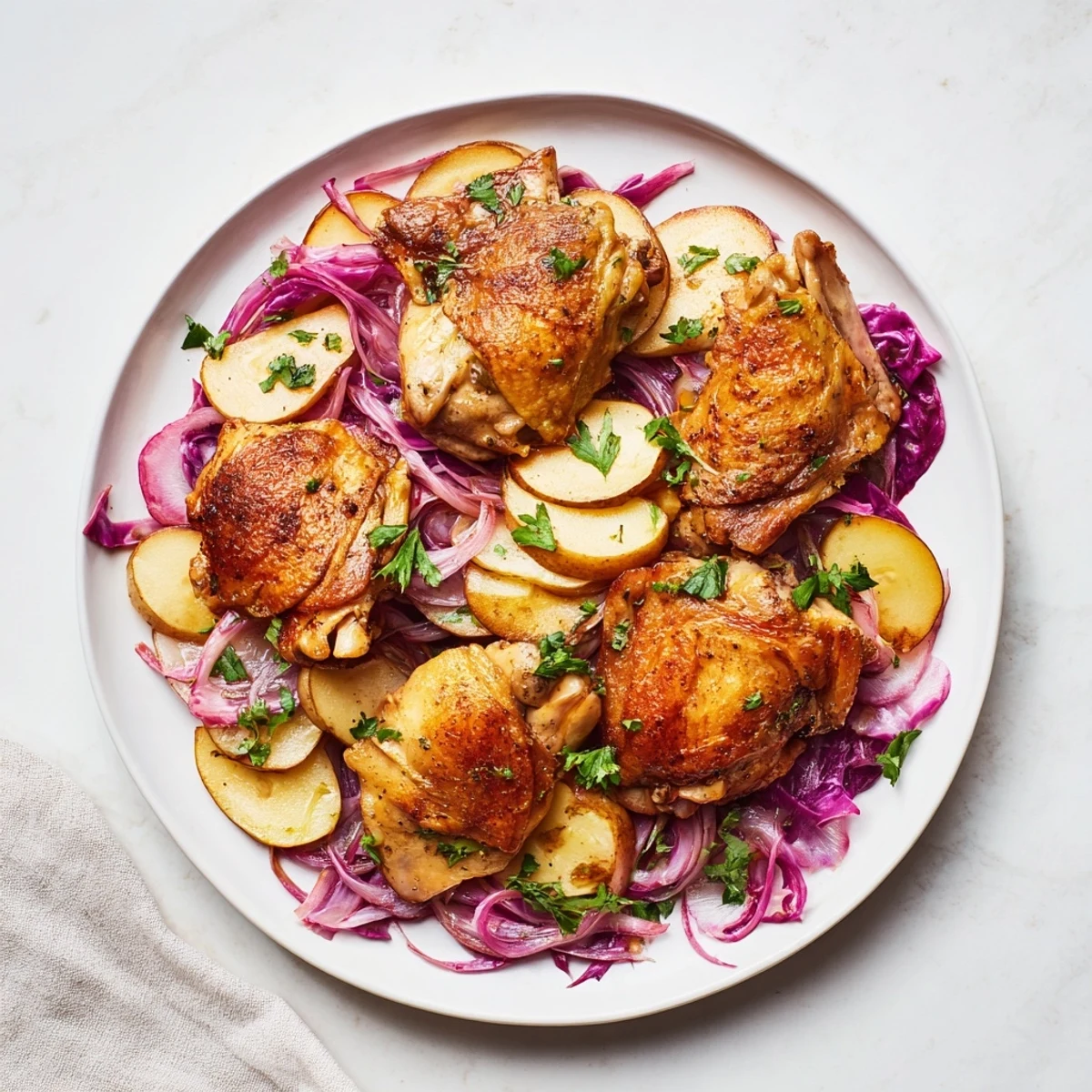 Golden-brown baked Budget Oktoberfest Chicken and Red Cabbage with tender vegetables and herbs.