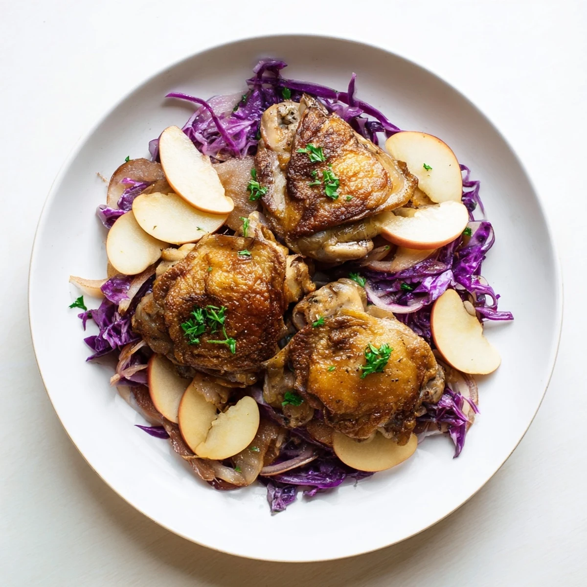 Flavorful close-up of the Budget Oktoberfest Chicken and Red Cabbage, ready to serve with parsley.
