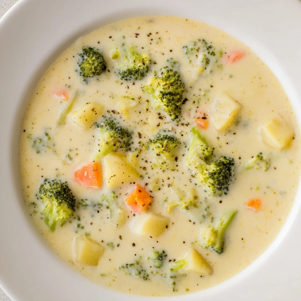 Thick and velvety, homemade creamy Broccoli and Cheese Soup bubbling in a large pot on the stove.