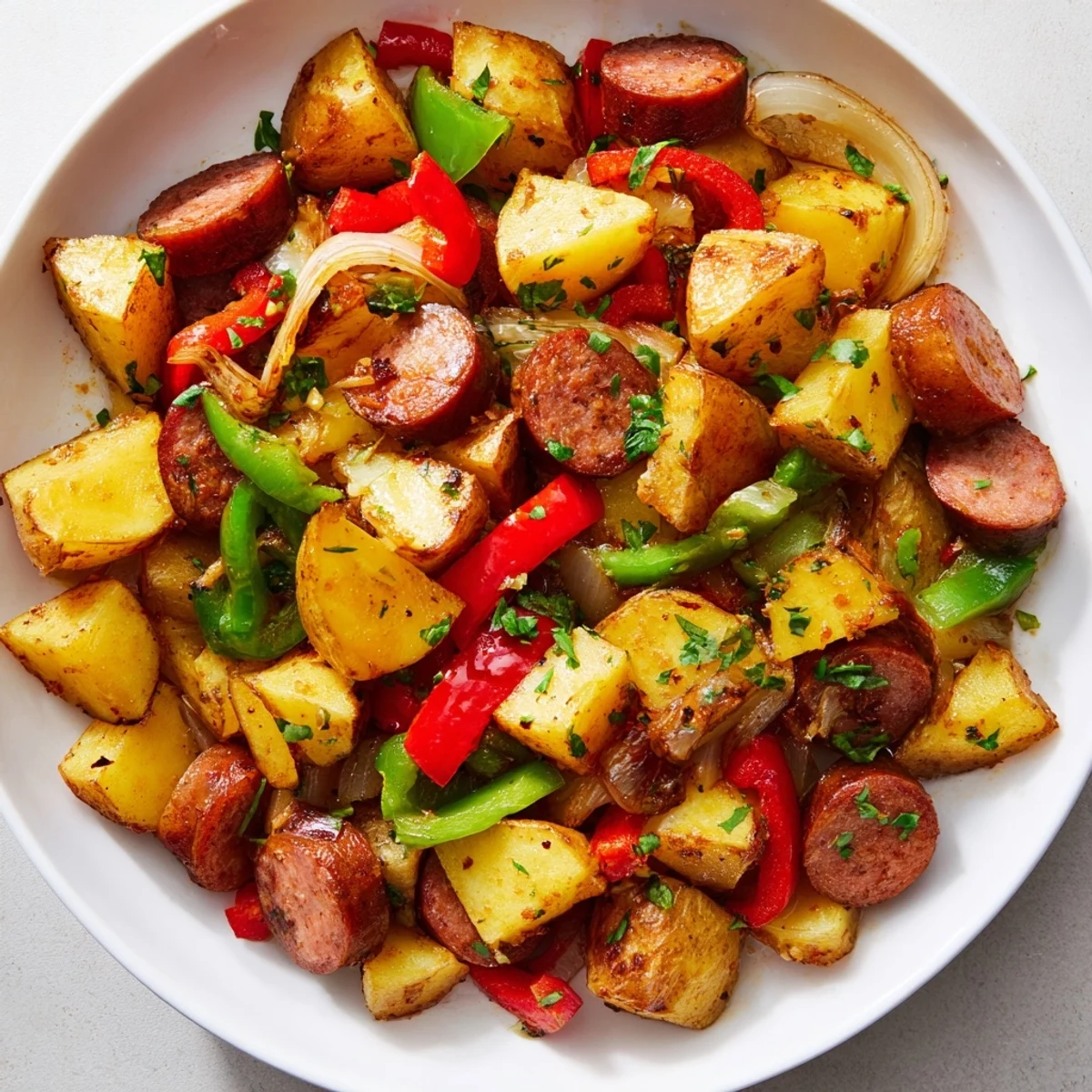 Golden, baked One-Pot Kielbasa and Potato Bake with tender vegetables and smoky sausage.