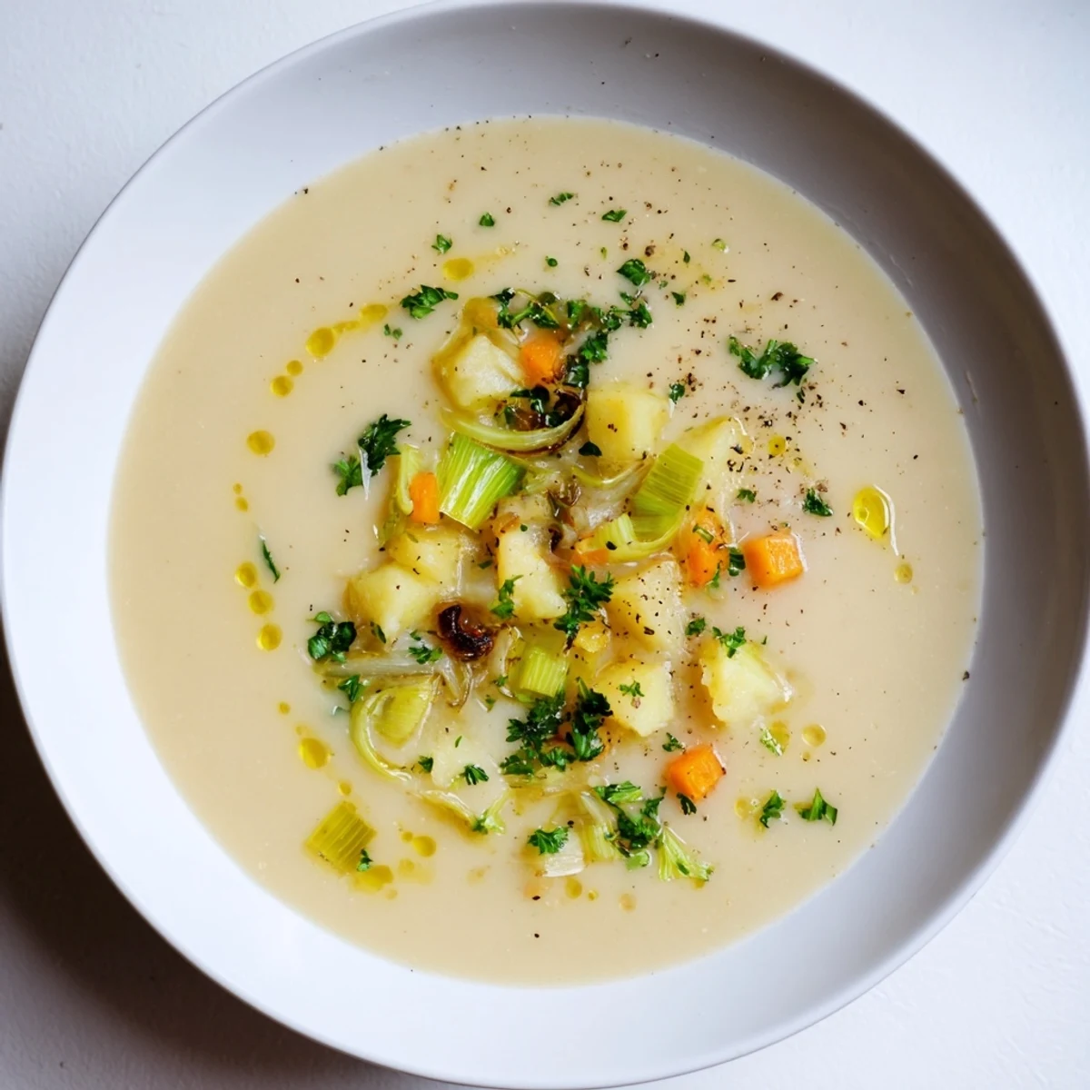This fragrant bowl of Creamy Garlic Potato Soup features warm colors, with a drizzle of olive oil.