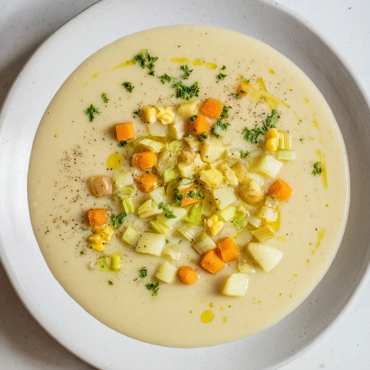 The smooth texture of Creamy Garlic Potato Soup, blended to perfection for a comforting, easy dinner.
