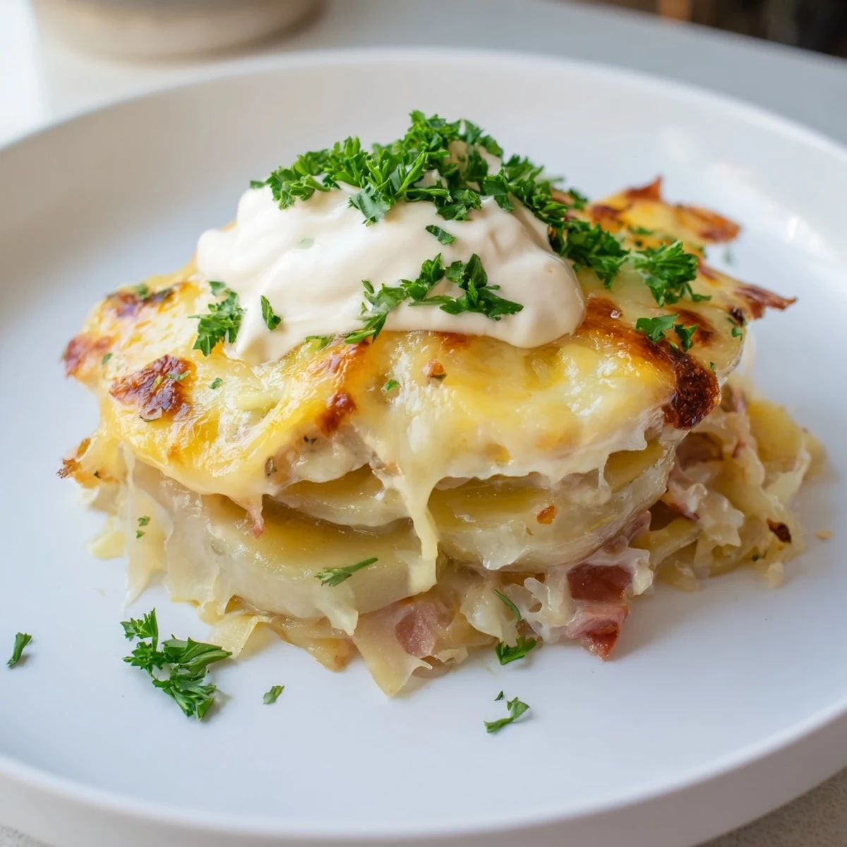 This warm Effortless Sauerkraut Casserole, with potatoes and paprika, is ready for serving.