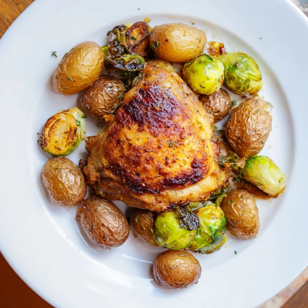 Golden, caramelized one-pan chicken with potatoes and Brussels sprouts, a complete, gluten-free meal.