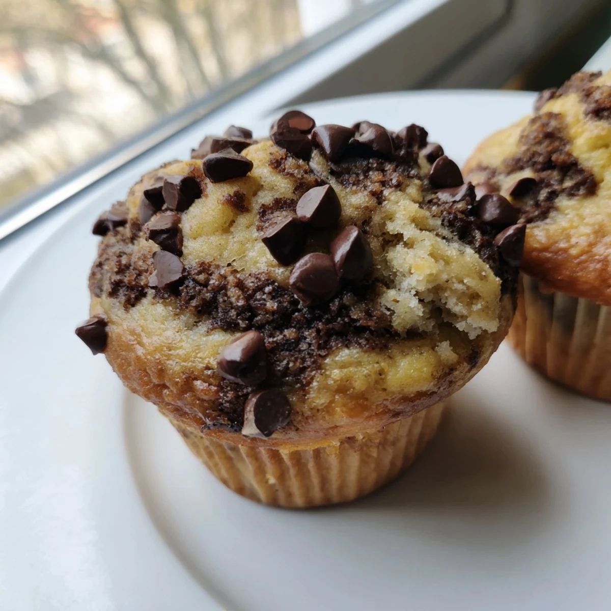 Fluffy Banana Chocolate Muffins fresh from the oven, glistening with melted chocolate chips.