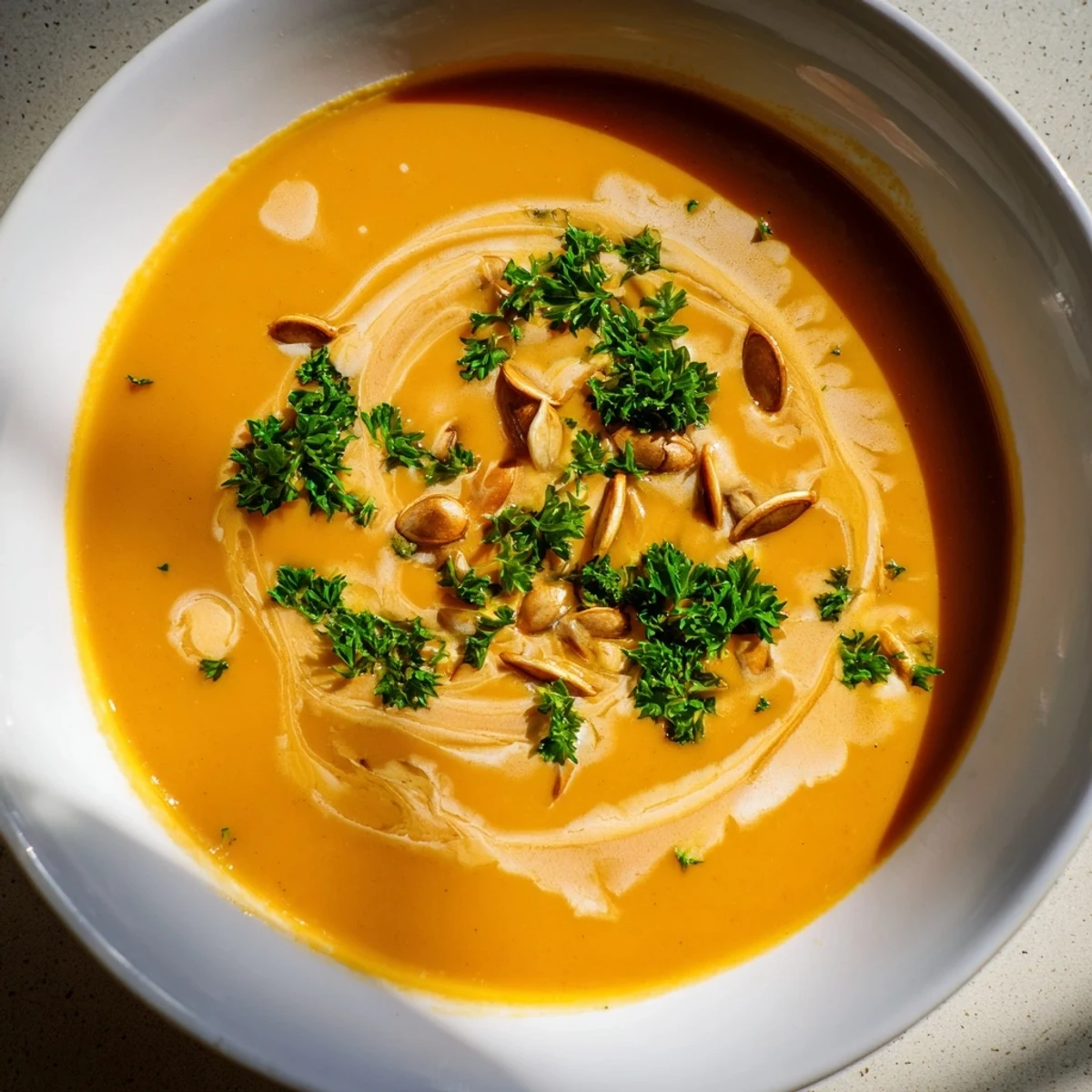 Creamy pumpkin soup with bread, golden slices, perfect aroma for autumn comfort food.