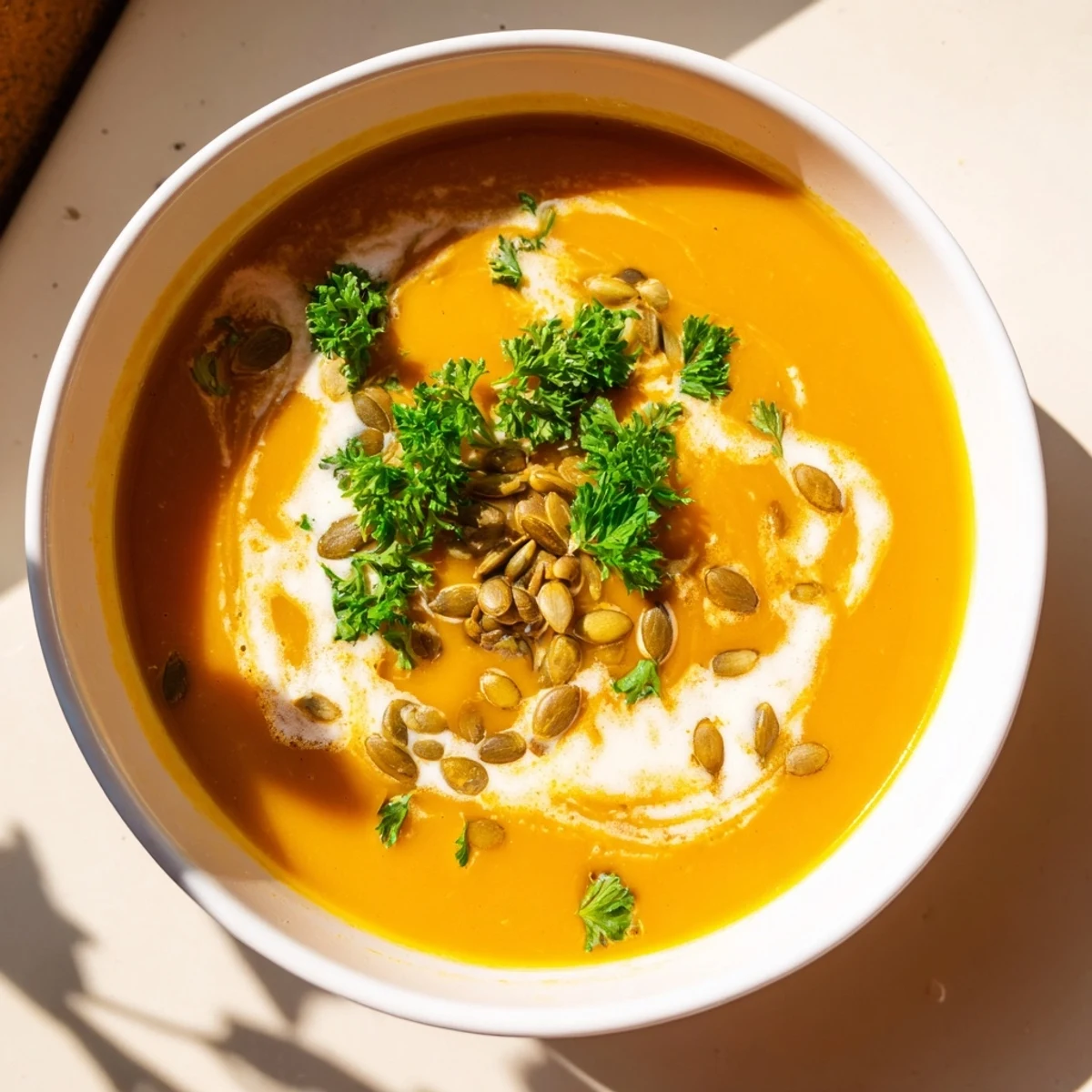 A bowl of hot pumpkin soup with crusty bread, garnished with fresh parsley, ready to eat.