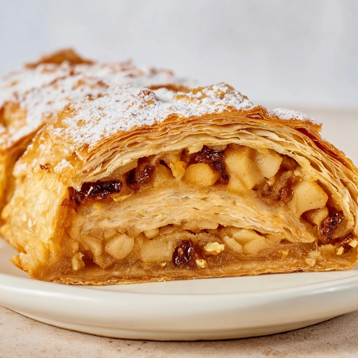 Warm, freshly baked Apple Strudel, showing off its crispy puff pastry layers and sweet apple filling.