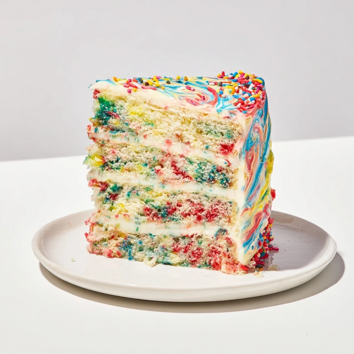 A vibrant image of Chaotic Funfetti Cake, covered in rainbow sprinkles and swirled frosting.