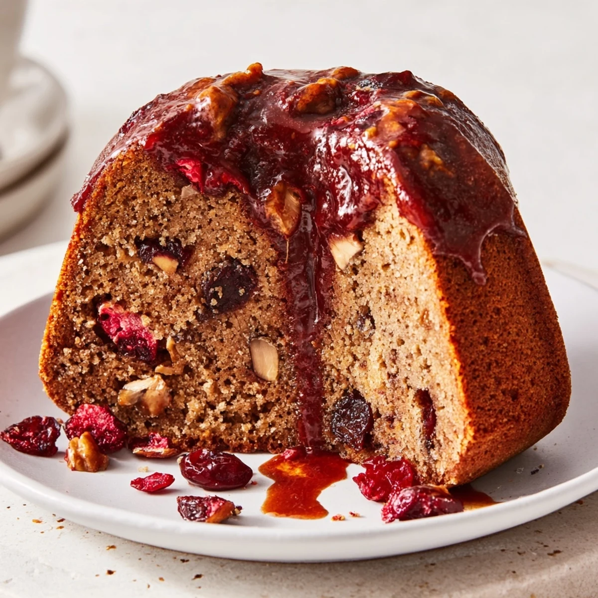 A slice of warm Chestnut Bundt Cake with spices, ready for a cozy holiday treat.