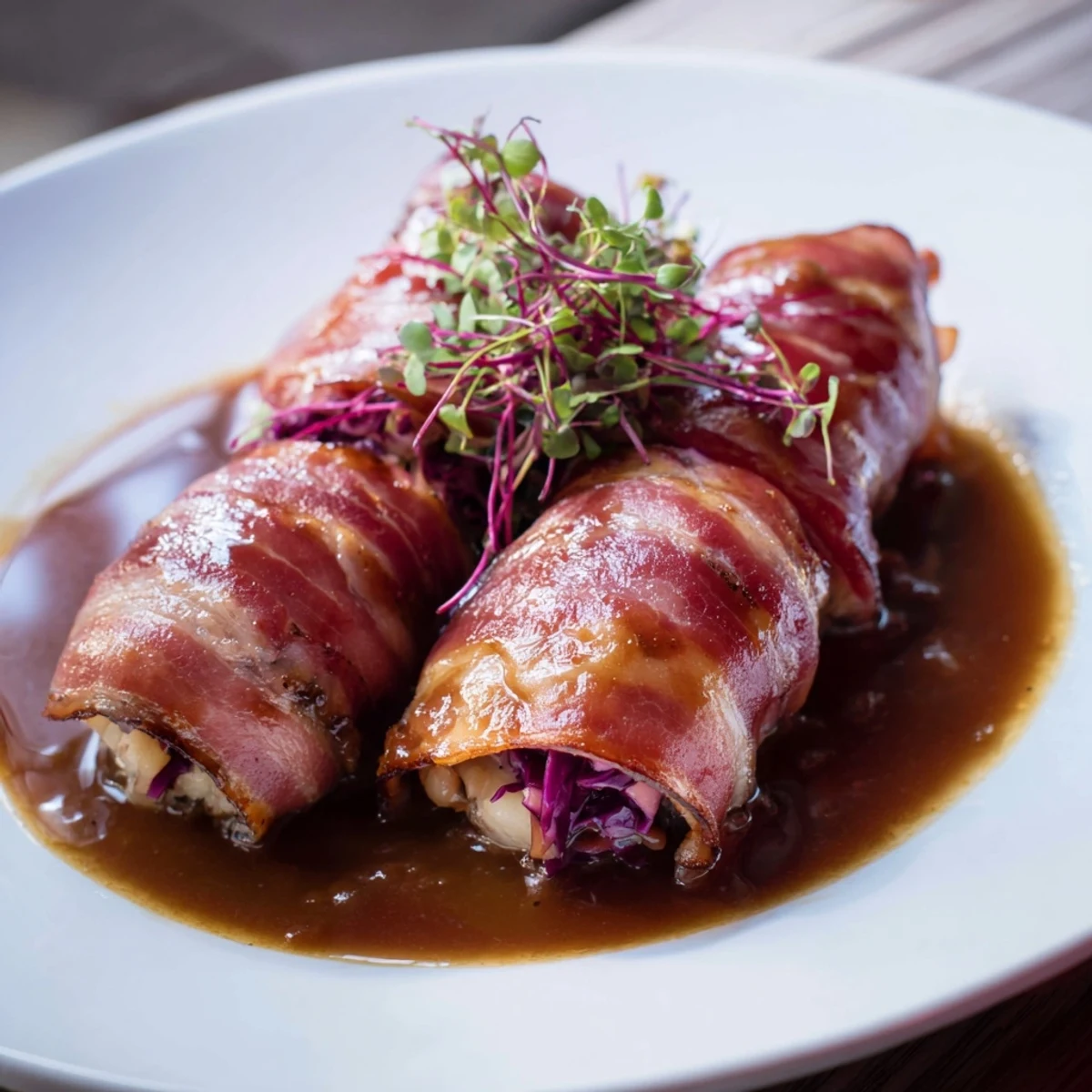 Beautifully arranged Sauerbraten Roulades with red cabbage, a German cuisine treat.