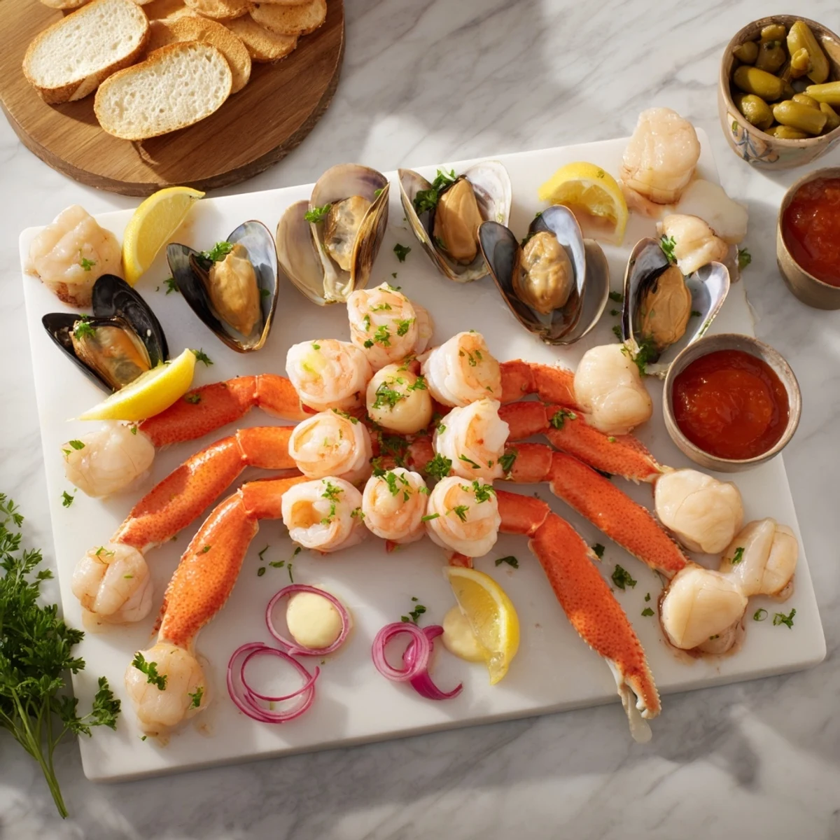 Eye-catching Starfish & Shell Appetizer Board, a colorful spread featuring shrimp, crab, and a stunning presentation.