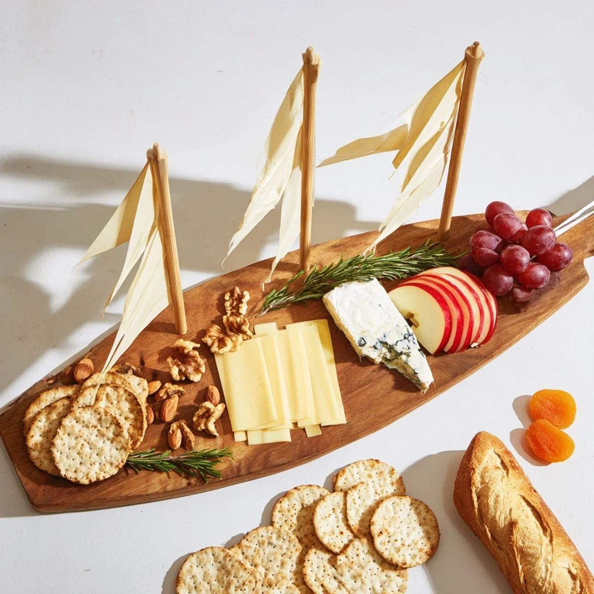 A beautifully arranged Sailboat Cheese Platter with colorful fruits and savory cheese.