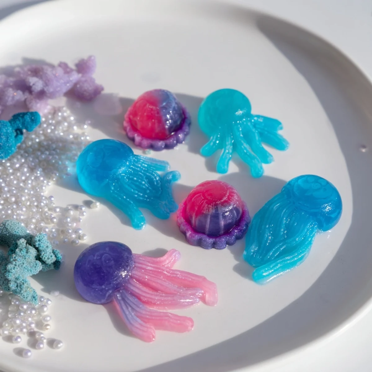 Vibrant Jellyfish Candy Platter: Bright, edible ocean scene with gummy jellyfish and candy seaweed on a tray.