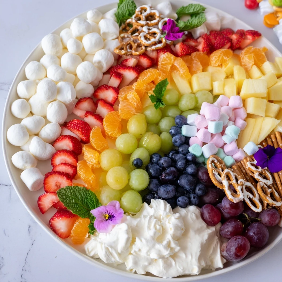 Vibrant Cloud & Rainbow Grazing Board: a playful party platter bursting with colorful ingredients.