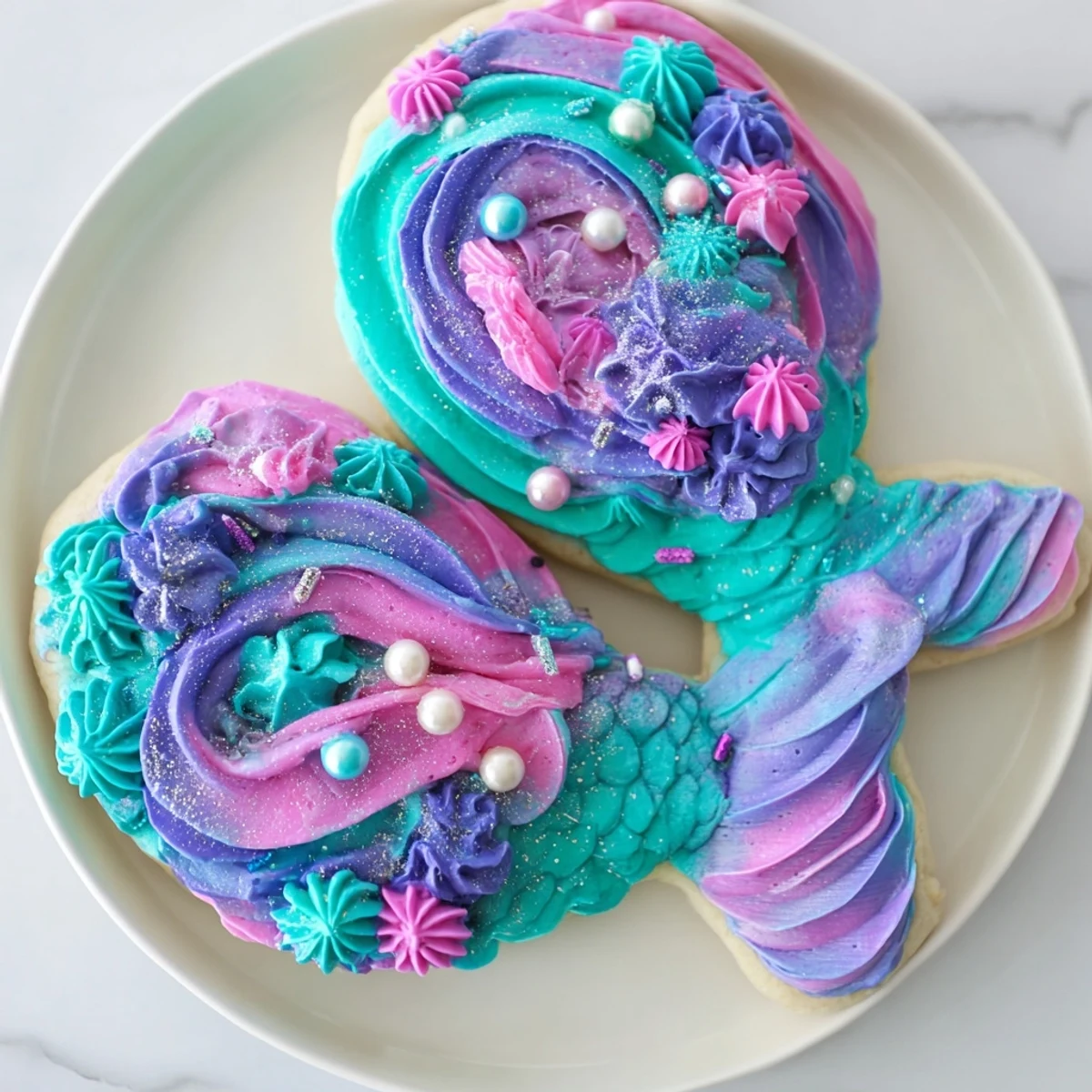 Delectable Mermaid Tail Under the Sea Sweets decorated with shimmering buttercream and candy pearls.