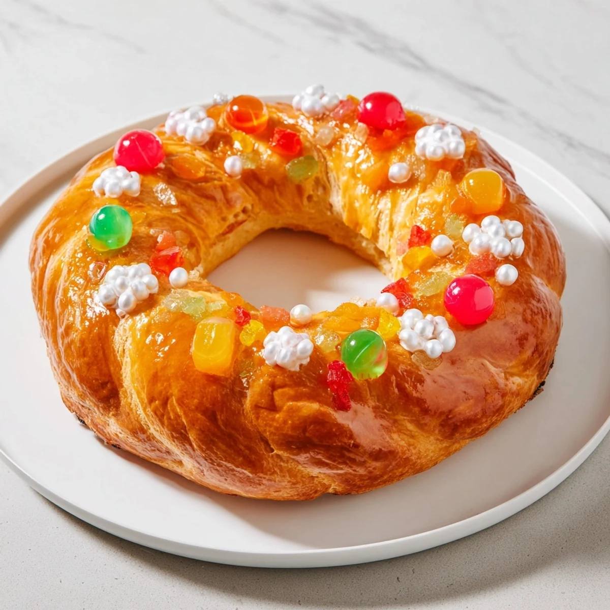 A golden-brown Couronne de Roi Bijoux Sucrés, a French crown bread sparkling with candied jewels.