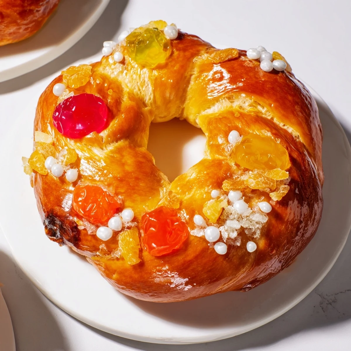 A close-up of the Couronne de Roi Bijoux Sucrés, a festive bread crowned with colorful fruits and sugar.