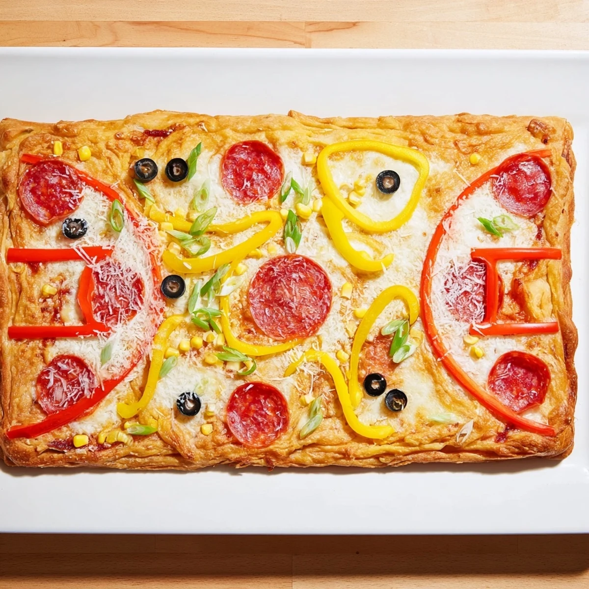 A delicious, cheesy Basketball Court Pizza with pepperoni basketballs and vibrant bell pepper court lines.