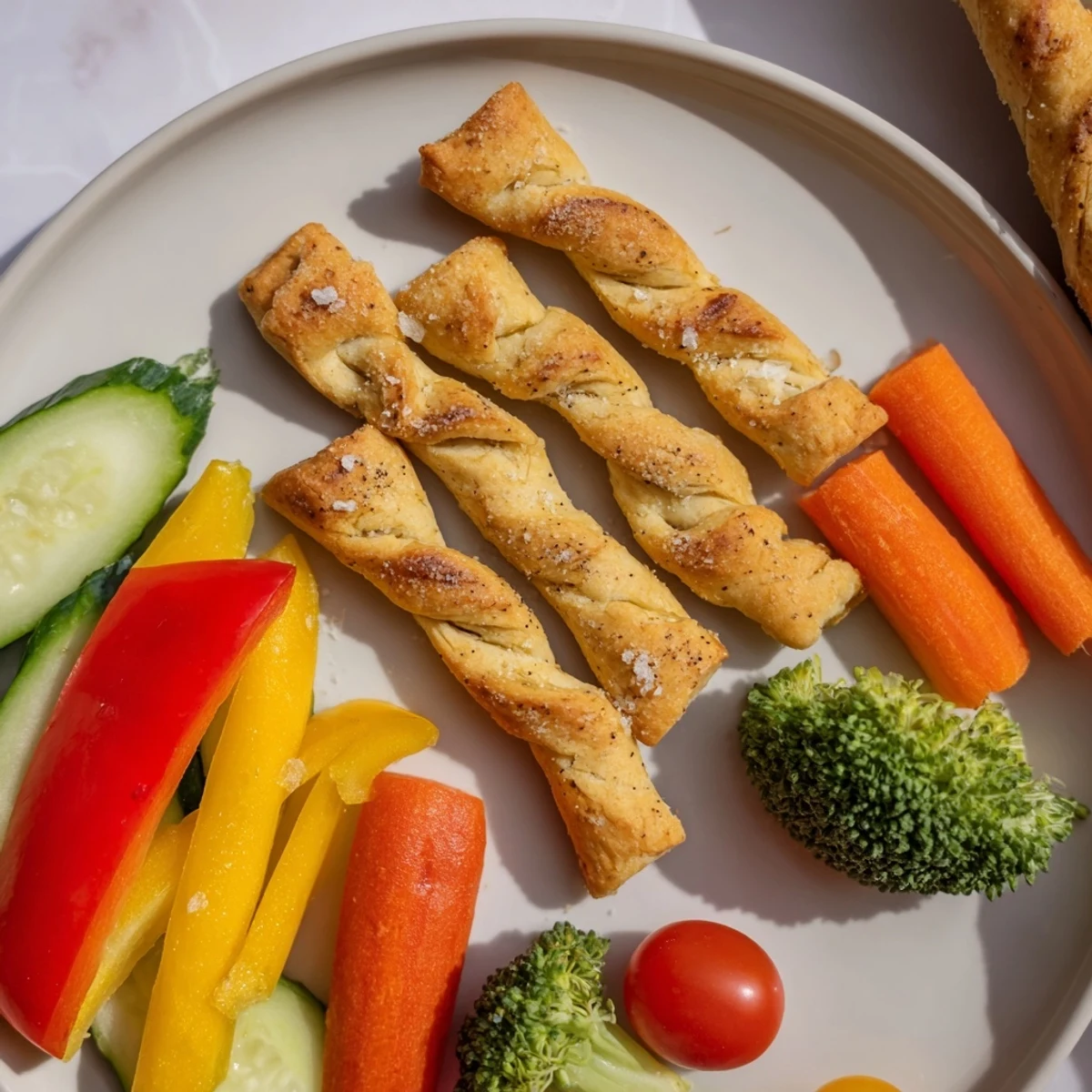 Crispy Dinosaur Bone Prehistoric Crudités ready to eat with vibrant raw veggies and yogurt dip.