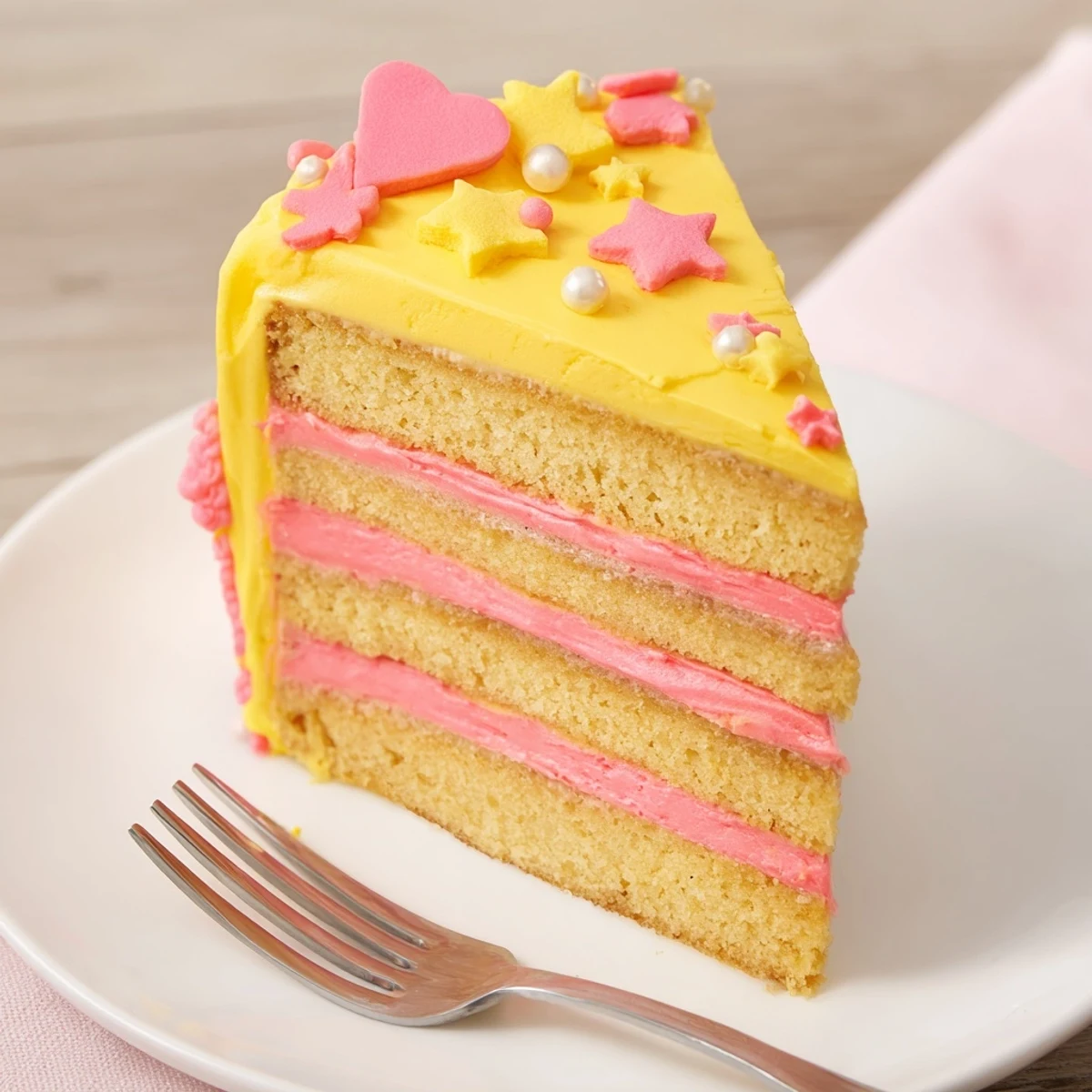 Festive Château de Princesse Cœurs et Étoiles cake, beautifully decorated for a magical celebration, ready to eat.