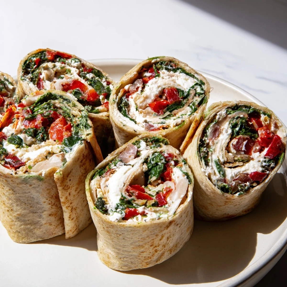 Festive Christmas Scarf Tortilla Roll-Ups, showcasing colorful spirals ready to be served for holiday entertaining.