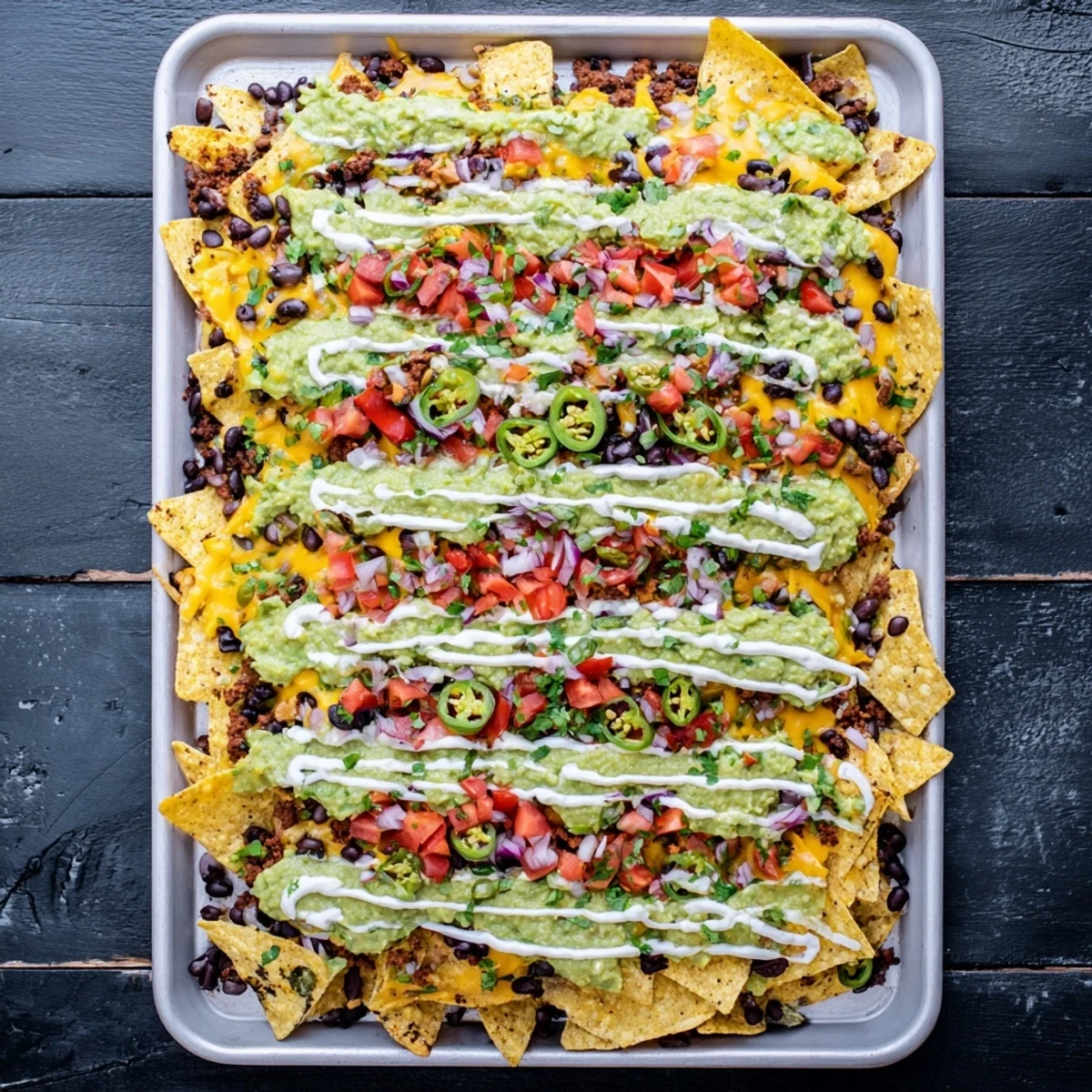 A visually appealing Football Field Nacho Platter topped with melted cheese, ready for serving.