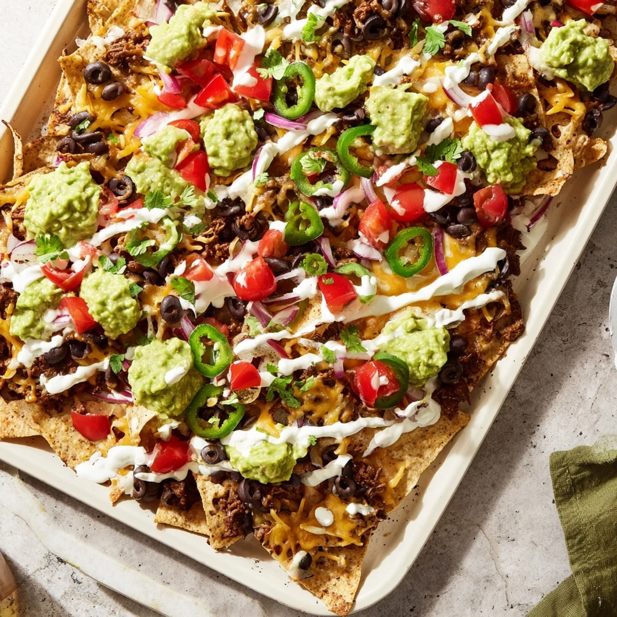 Game day excitement: a close-up of the delicious Football Field Nacho Platter with fresh toppings.
