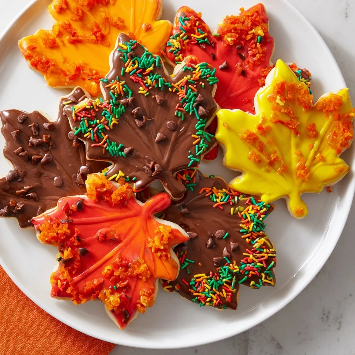 A close-up of beautifully decorated Maple Leaf Cookies, featuring colorful icing and autumn-themed sprinkles.