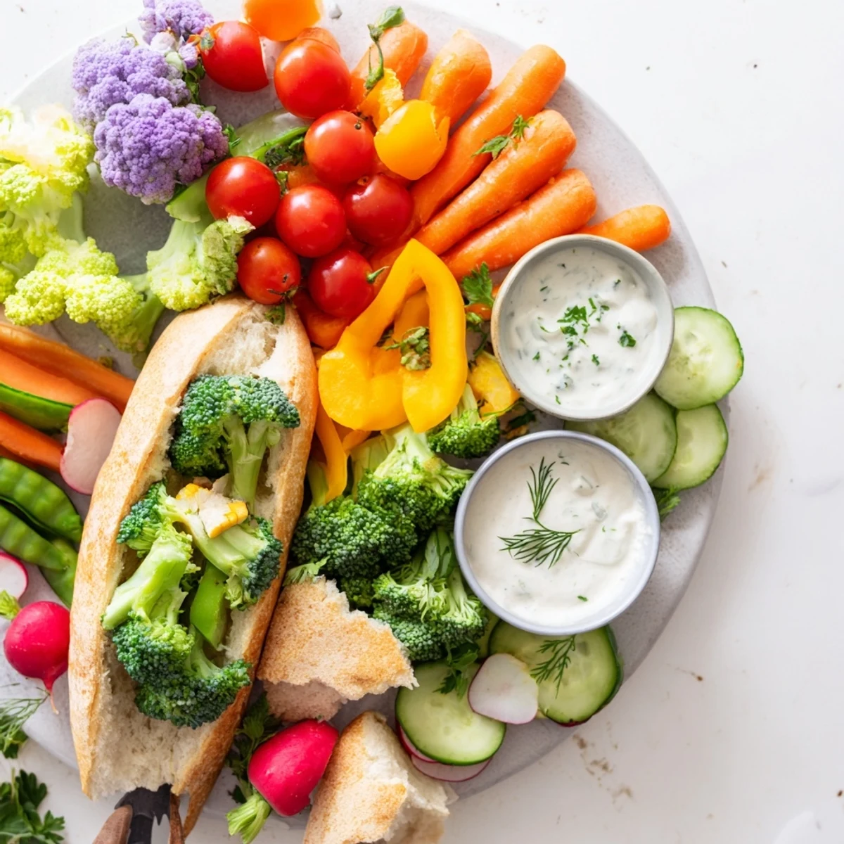 A vibrant Cornucopia Veggie Board overflowing with colorful, crisp fresh vegetables and creamy dips.