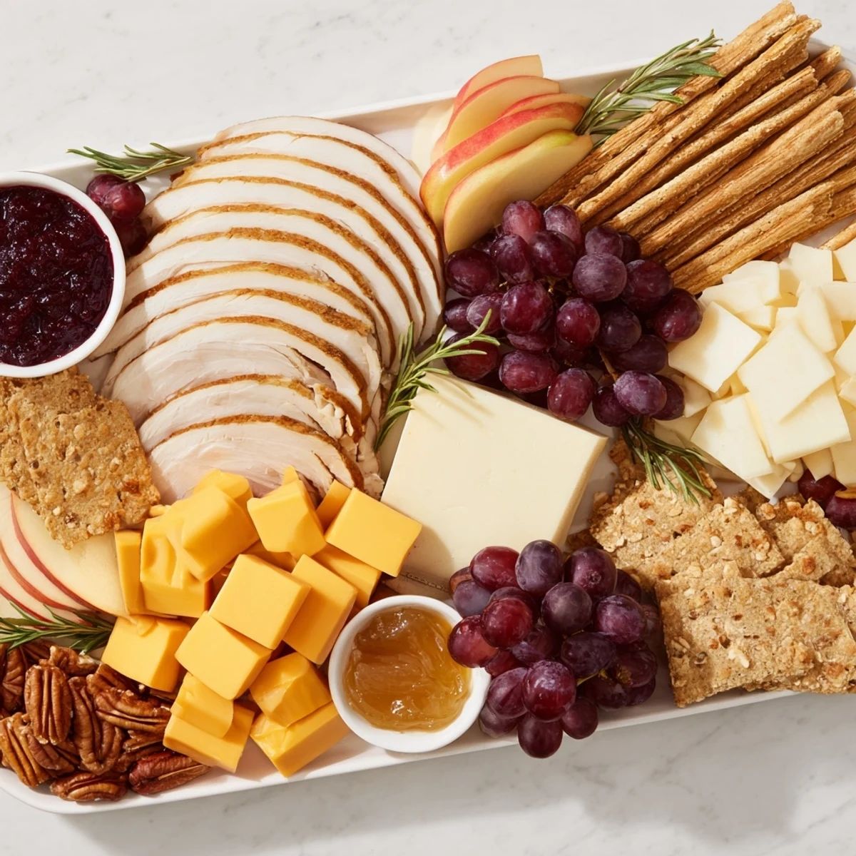 Festive Turkey Cheese and Cracker Board overflowing with turkey, cheeses, crackers, fruits, and perfect holiday flavors.