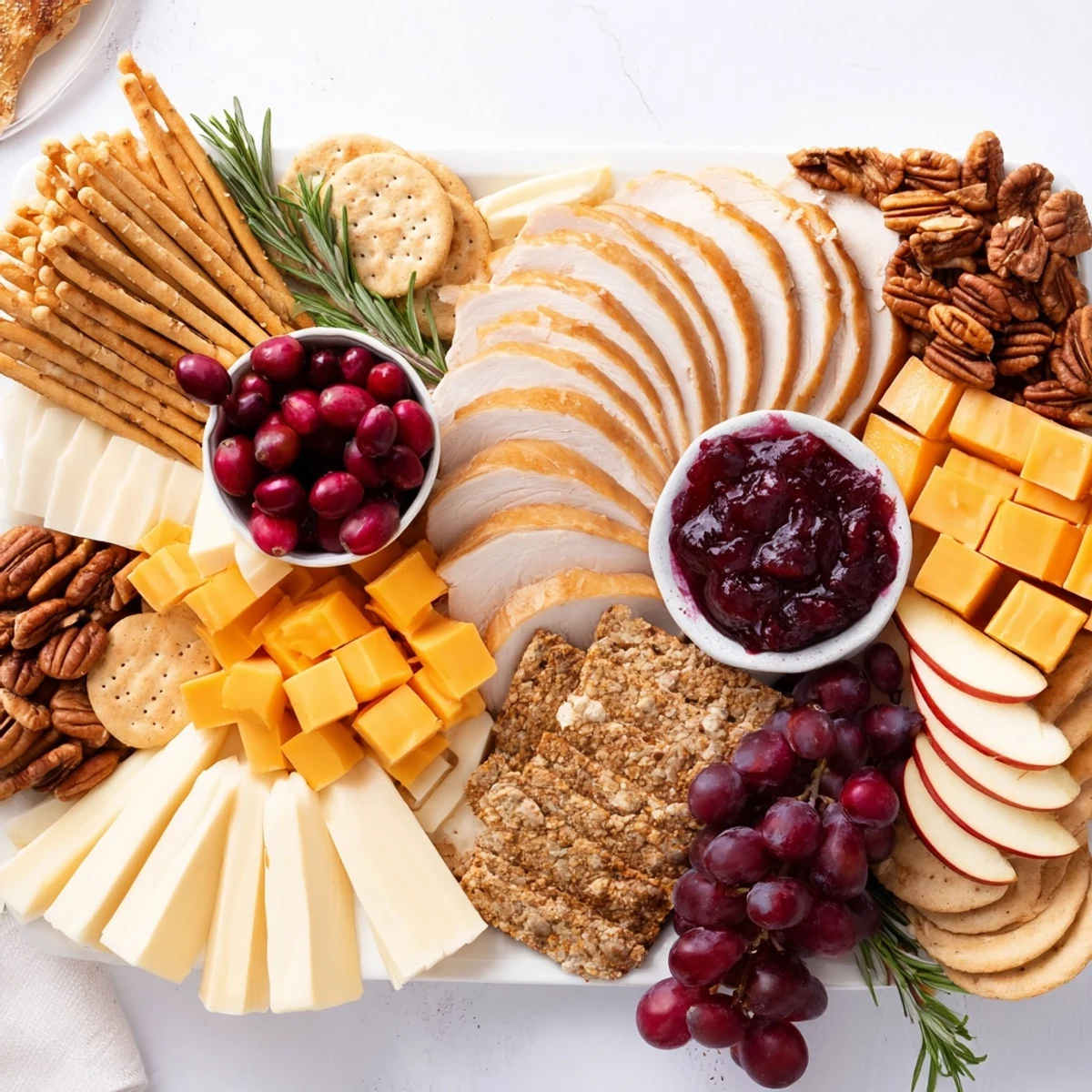 A colorful Turkey Cheese and Cracker Board, ready to serve with sliced brie, cheddar, and holiday accompaniments.