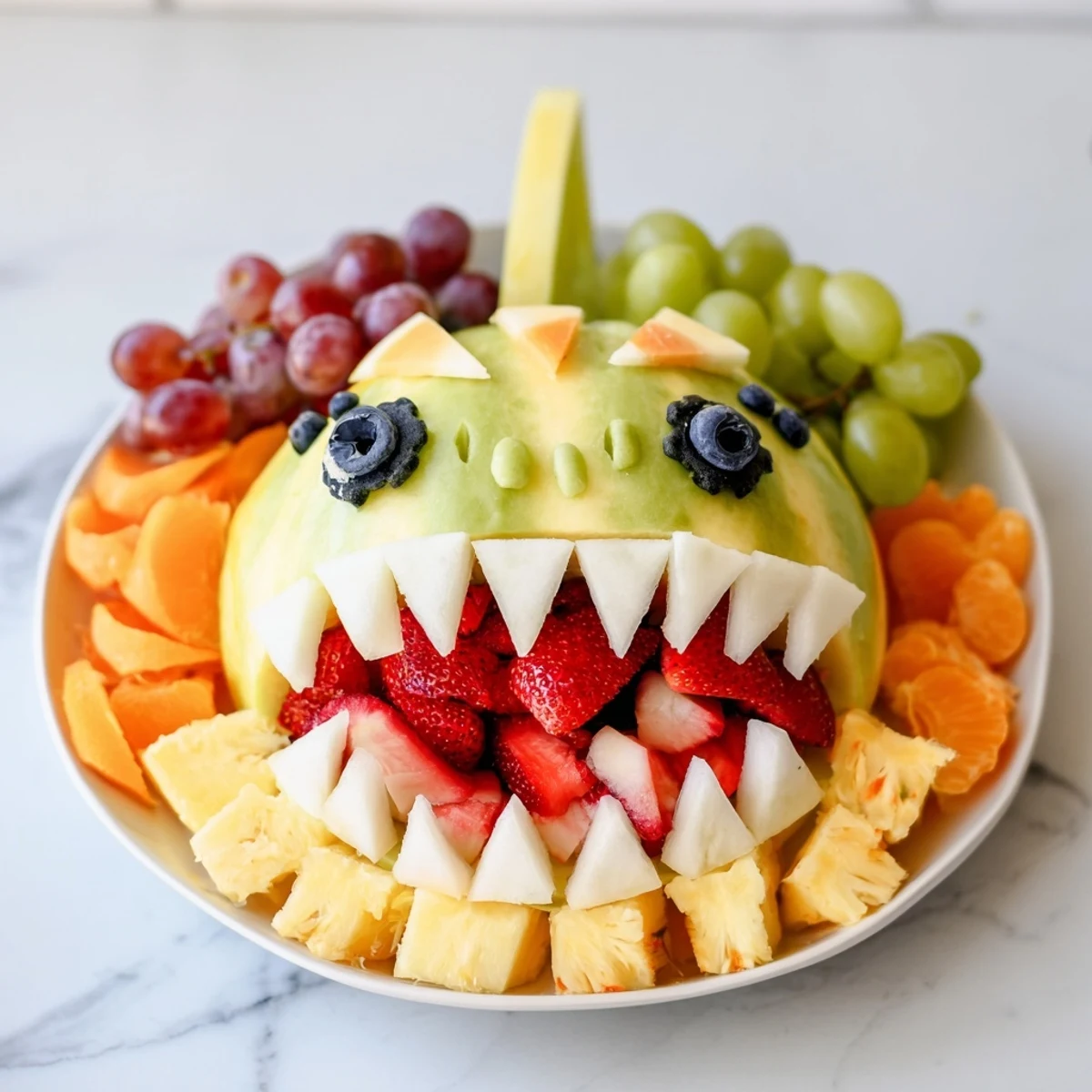 Watermelon Shark Bite Board overflowing with vibrant fruits, a fun and delicious party snack.