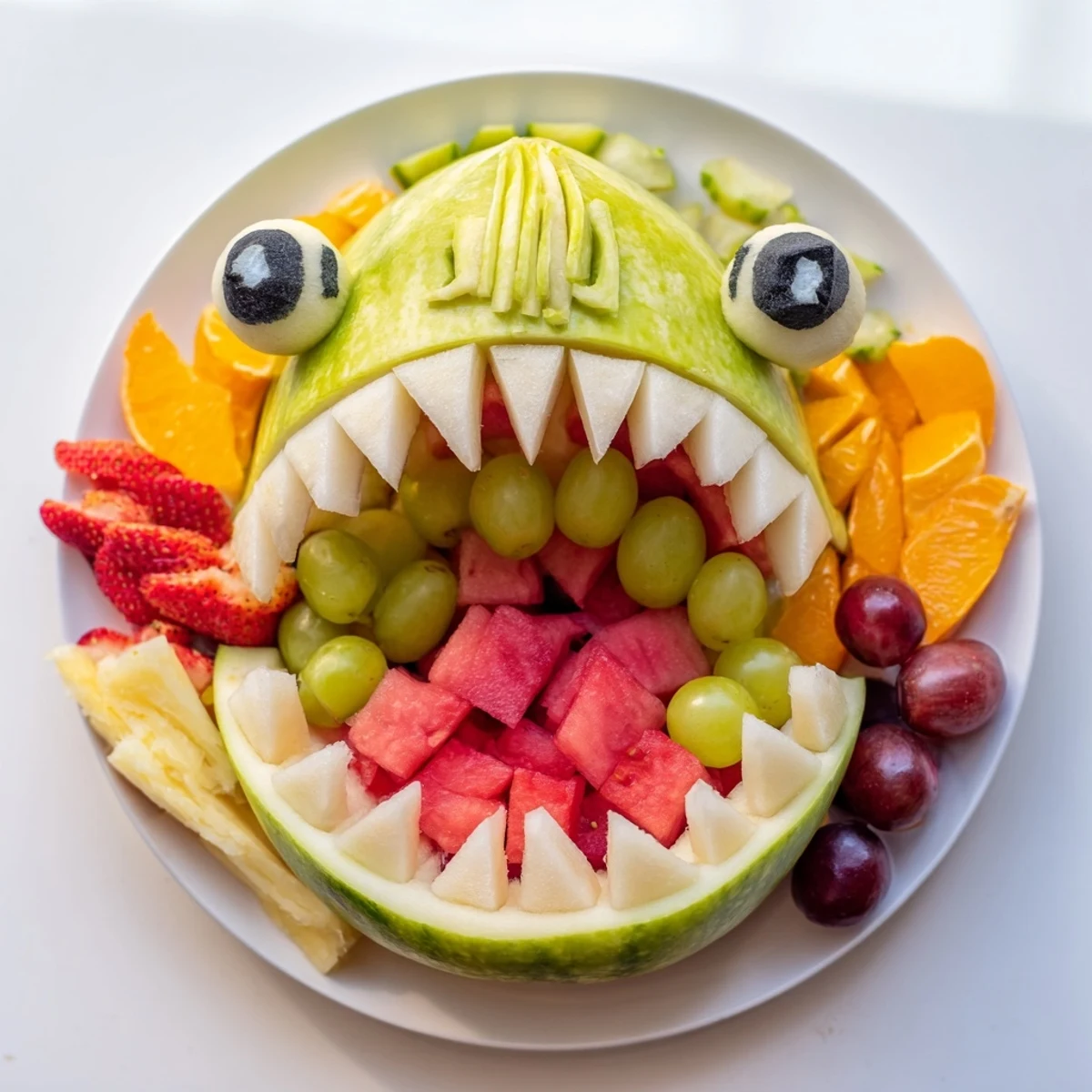 This Watermelon Shark Bite Board features a carved watermelon shark filled with summer fruit.