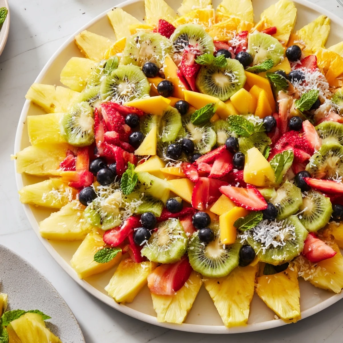 Vibrant Tropical Pineapple Sun Fruit Platter, filled with juicy pineapple and colorful summer fruit.