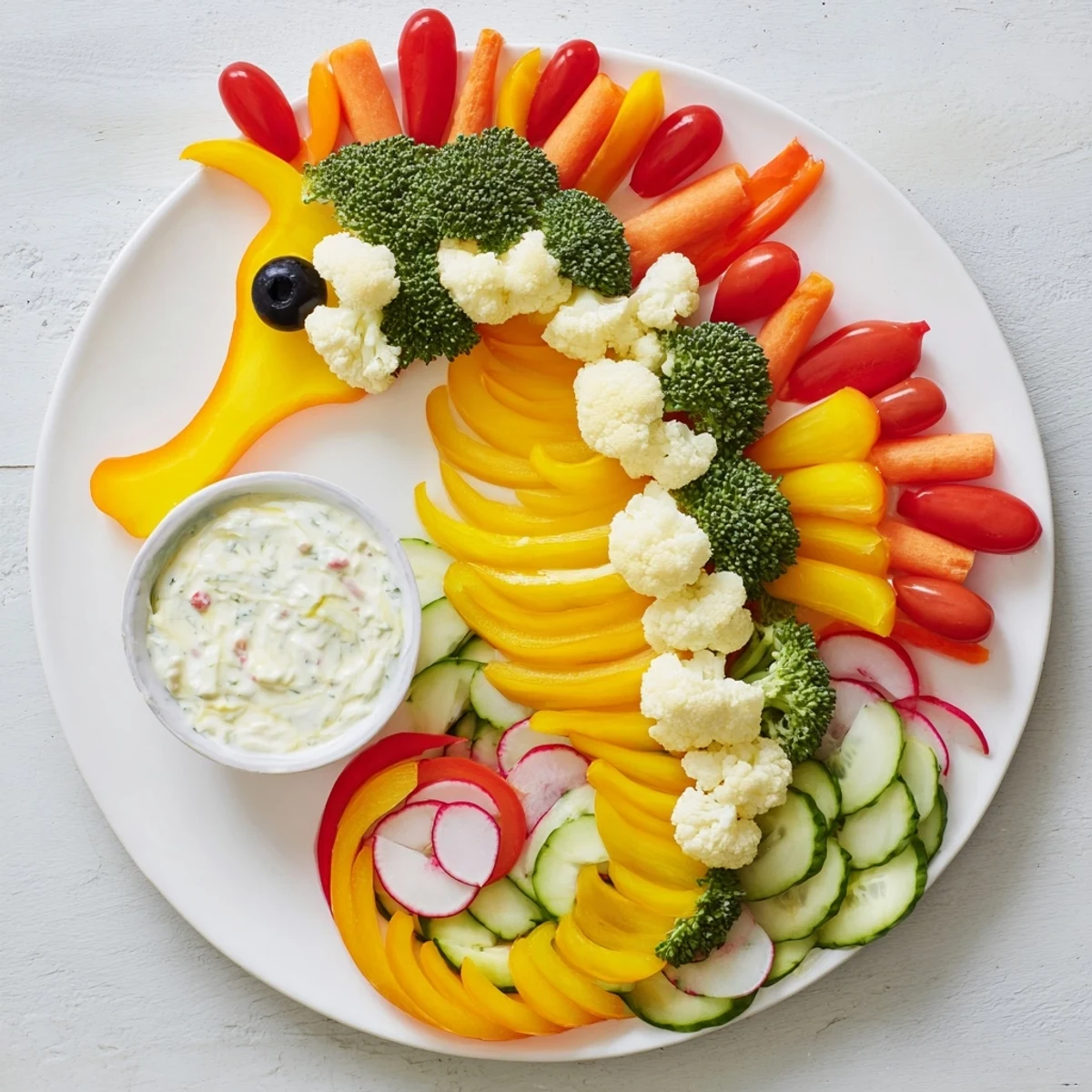 A colorful Seahorse Veggie Dip Platter featuring fresh, crisp vegetables paired with creamy dip.