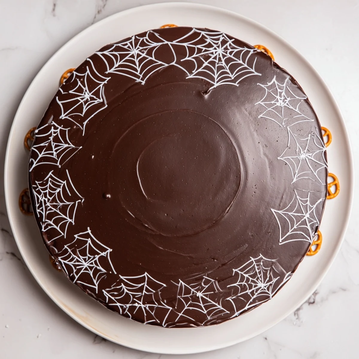 A dark chocolate Spiderweb Chocolate Ganache board, inviting with fresh fruit and dippable snacks.