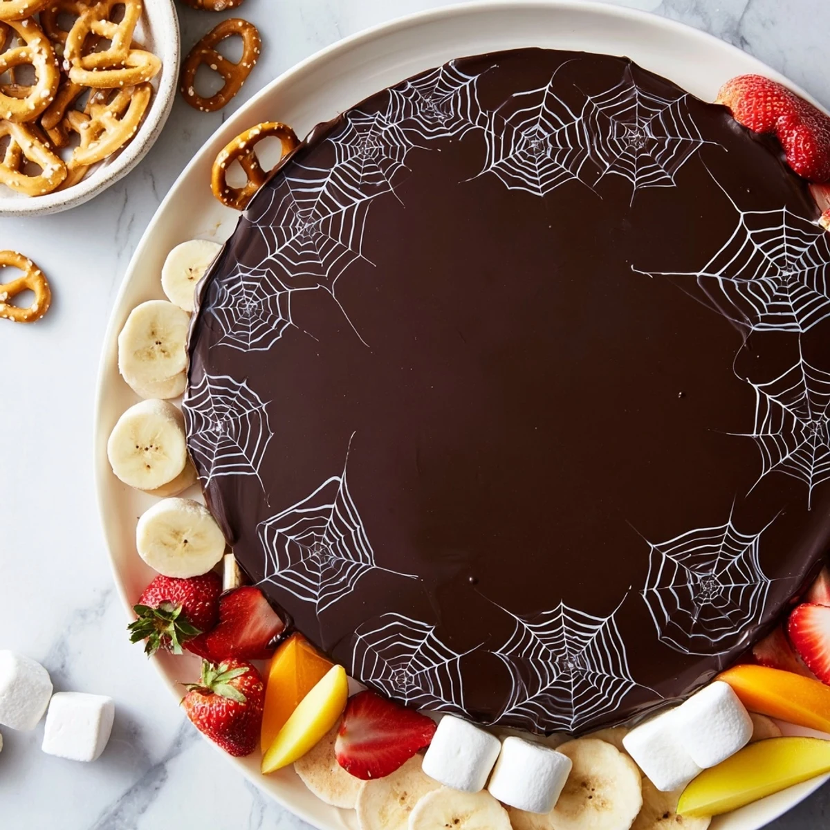 A visually stunning Spiderweb Chocolate Ganache board: the rich ganache contrasted with white chocolate webs.