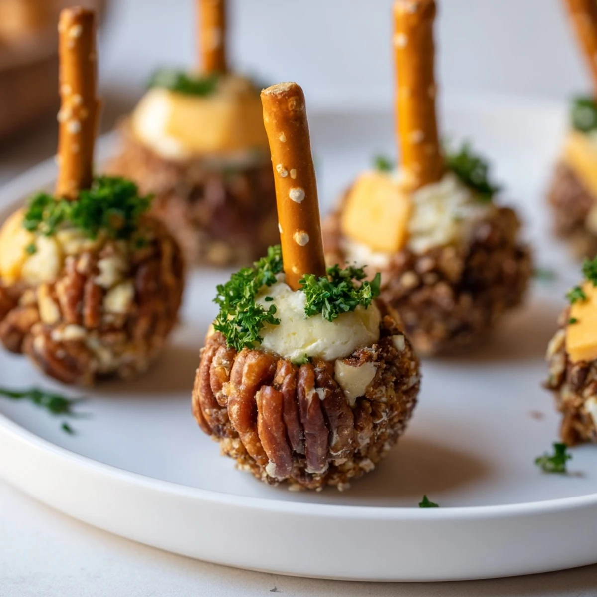 Savory acorn-shaped cheese ball bites, coated in pecans and herbs, make a delightful appetizer.
