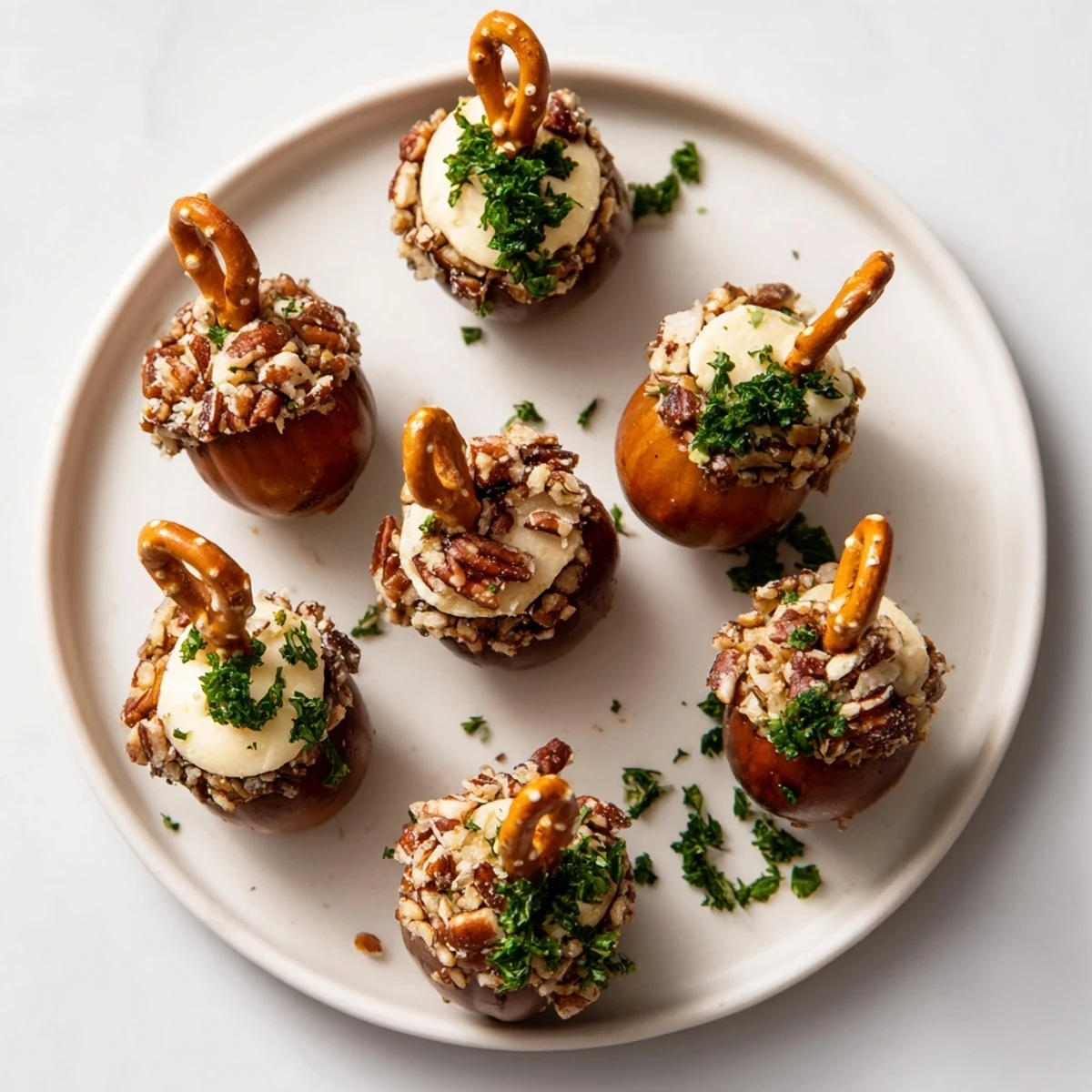 This image shows wonderfully decorated savory acorn cheese ball bites, perfect for fall gatherings.