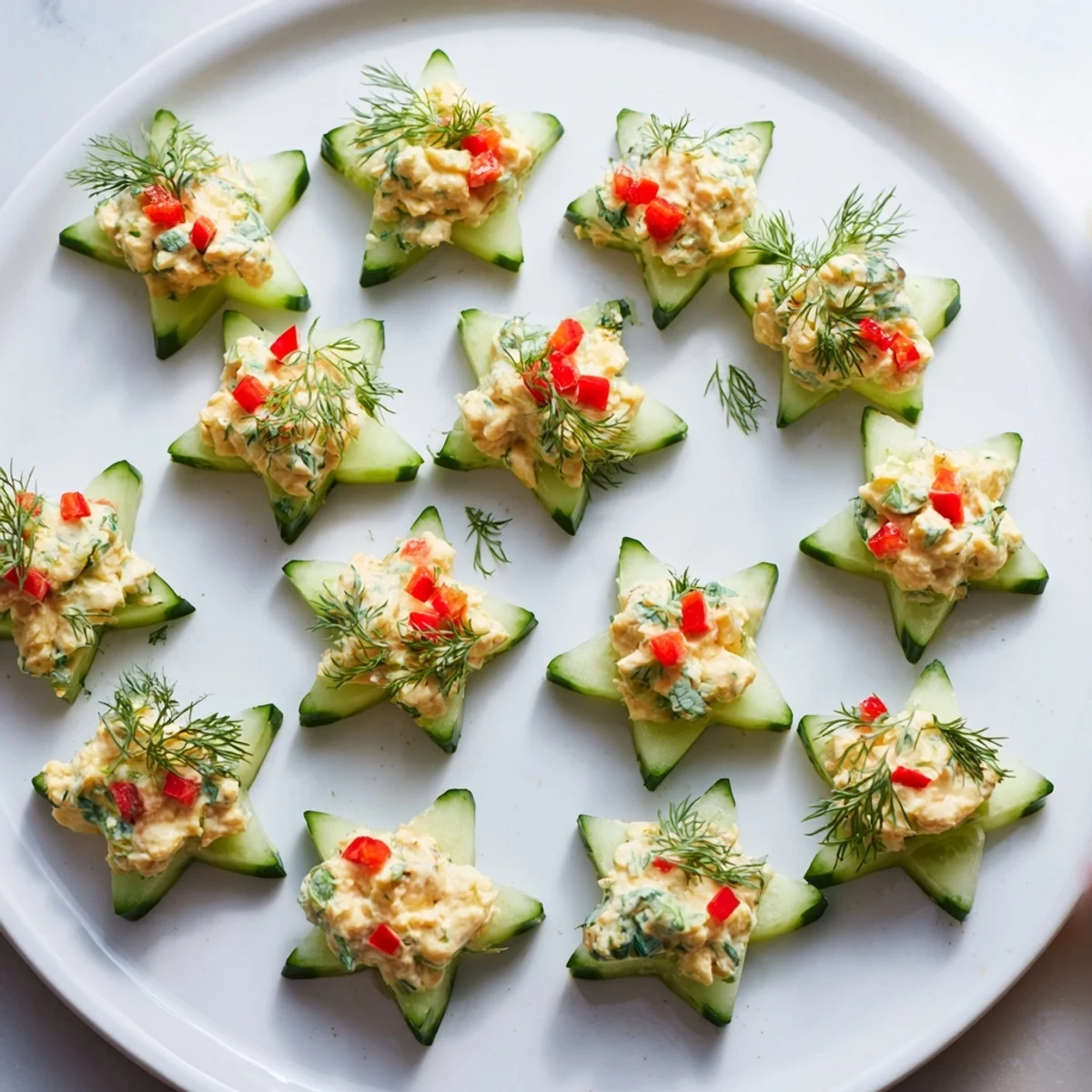 Festive Cucumber and Dill Christmas Stars, displaying creamy cheese piped atop refreshing cucumber slices for a holiday treat.