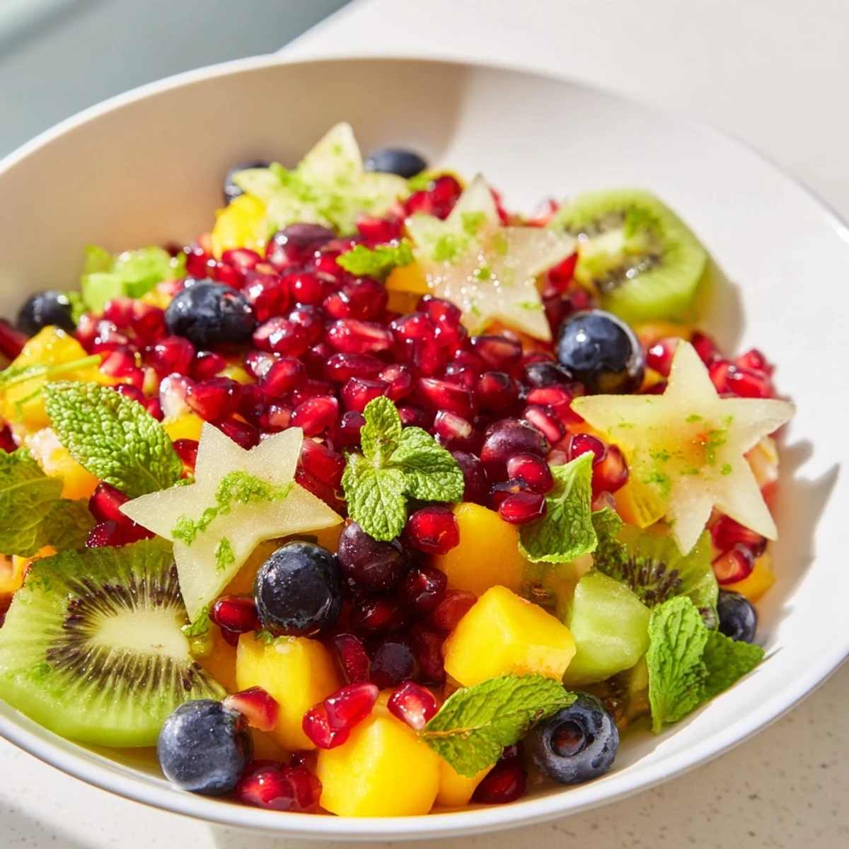 Ein verlockender Pomegranate and Mint Star Fruit Platter mit leuchtenden Früchten und frischer Minze.