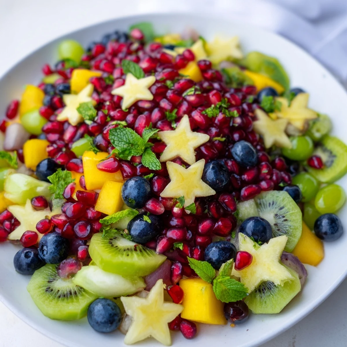 Ein schmackhafter Pomegranate and Mint Star Fruit Platter, kunstvoll angerichtet und perfekt für besondere Anlässe.