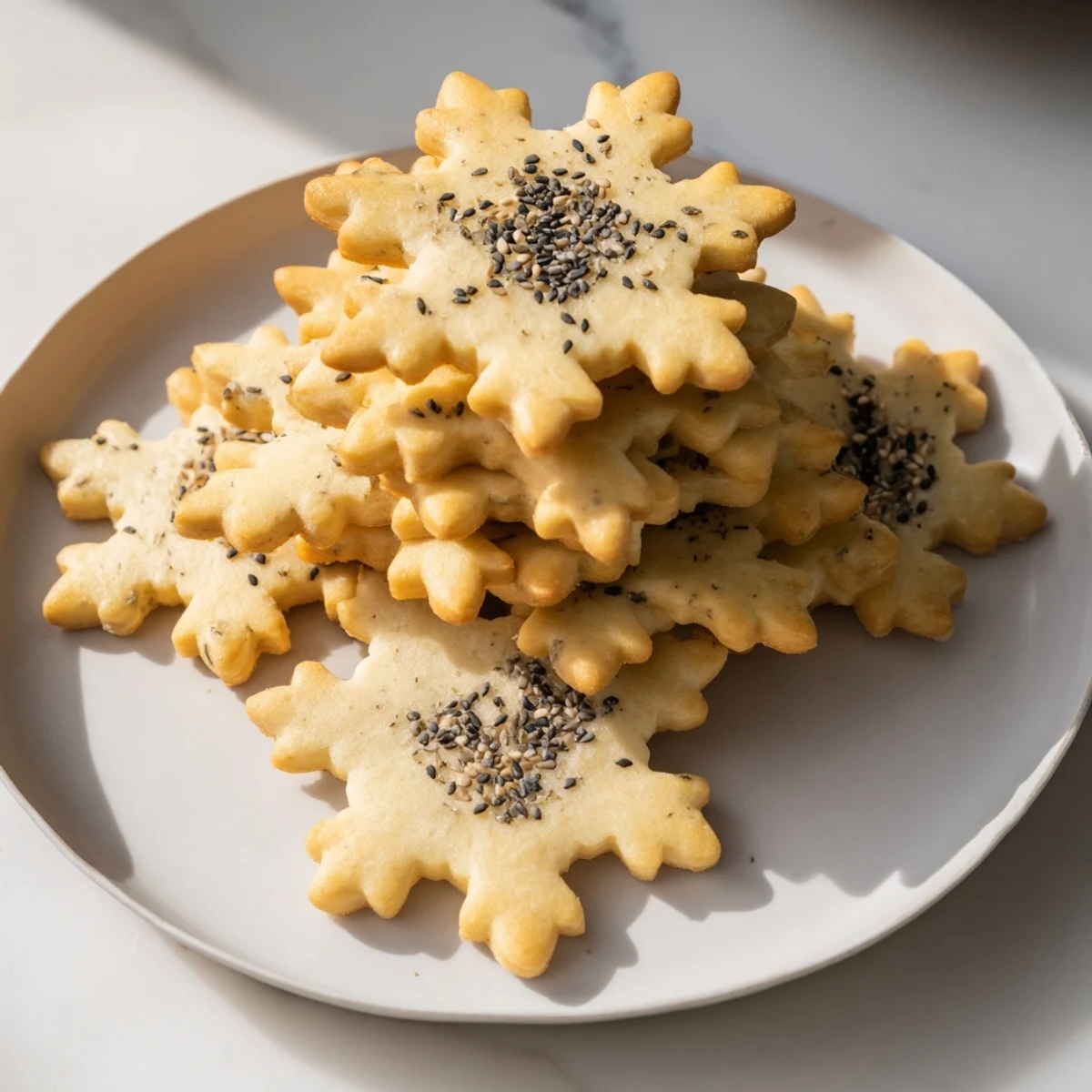 Golden, crispy gourmet snowflake crackers, ready to serve on a rustic wooden board with cheese.