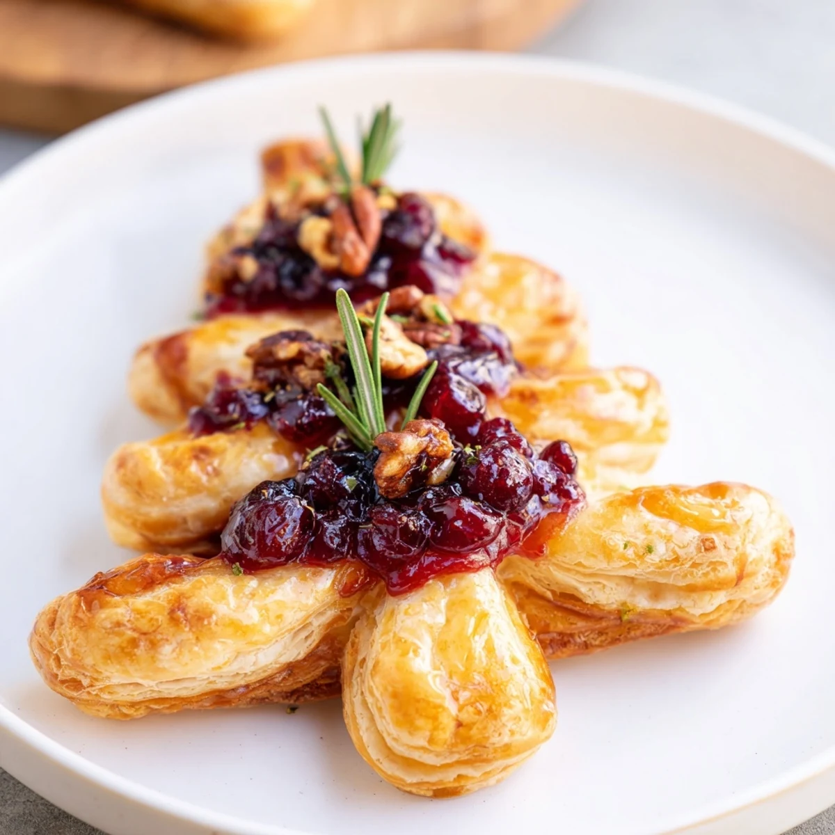 Golden Brie en Croûte Pine Tree, baked in flaky pastry, with cranberry filling, and golden brown.