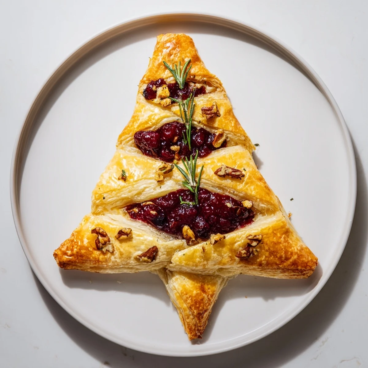 Warm, gooey Brie en Croûte Pine Tree, with toasted pecans and sweet cranberry filling inside.